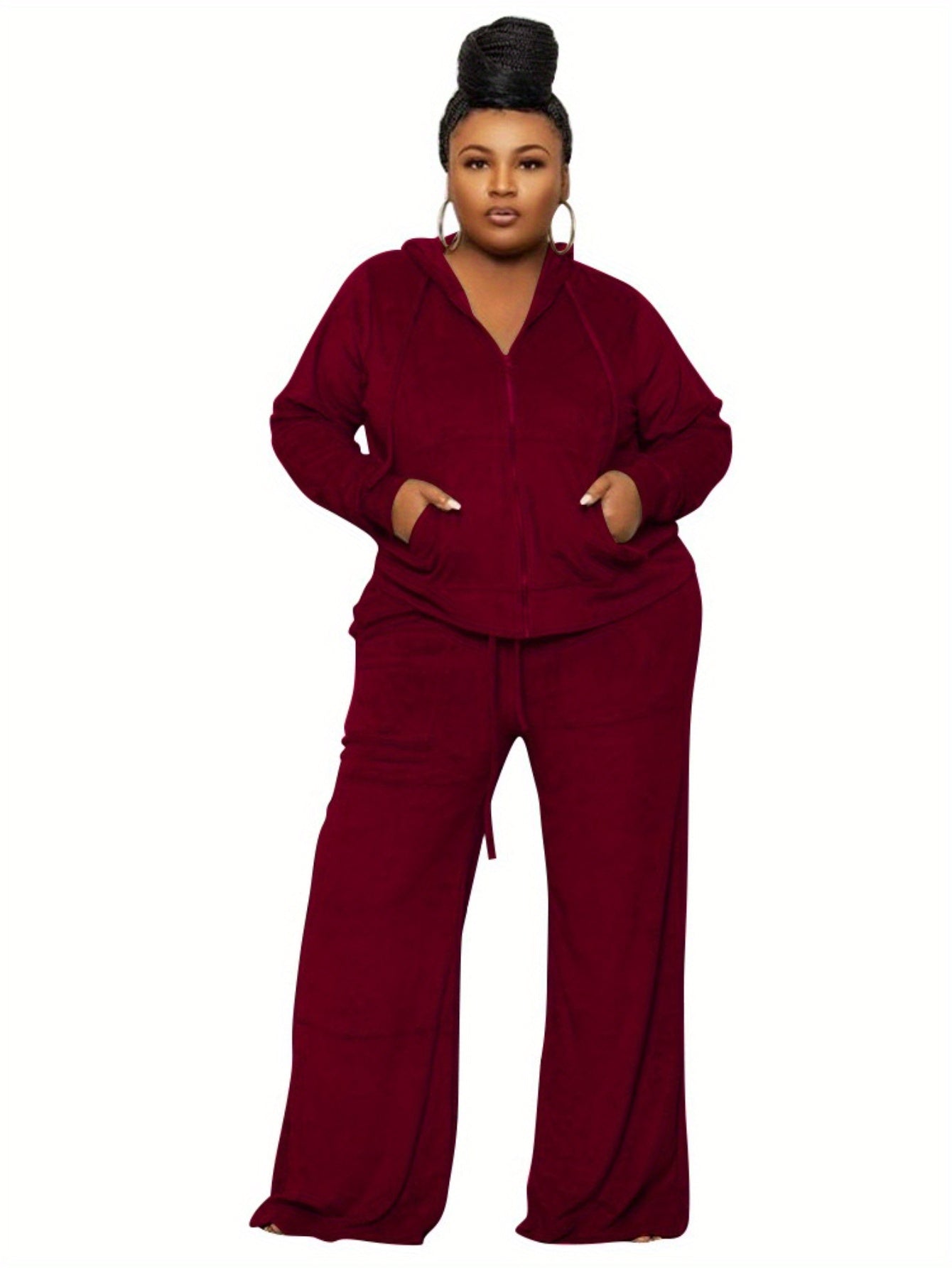 Plus Size - New Autumn And Winter Women'S Clothing in Large Sizes Featuring Solid Color Casual High-Waisted Wide-Leg Pants in a Two-Piece Set.