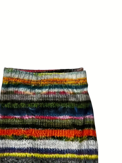 Women's High-Waisted Stretchy Casual Pants with Colorful Striped Print - 95% Polyester 5% Elastane, Machine Washable All-Season Comfort for Casual Attire SS69