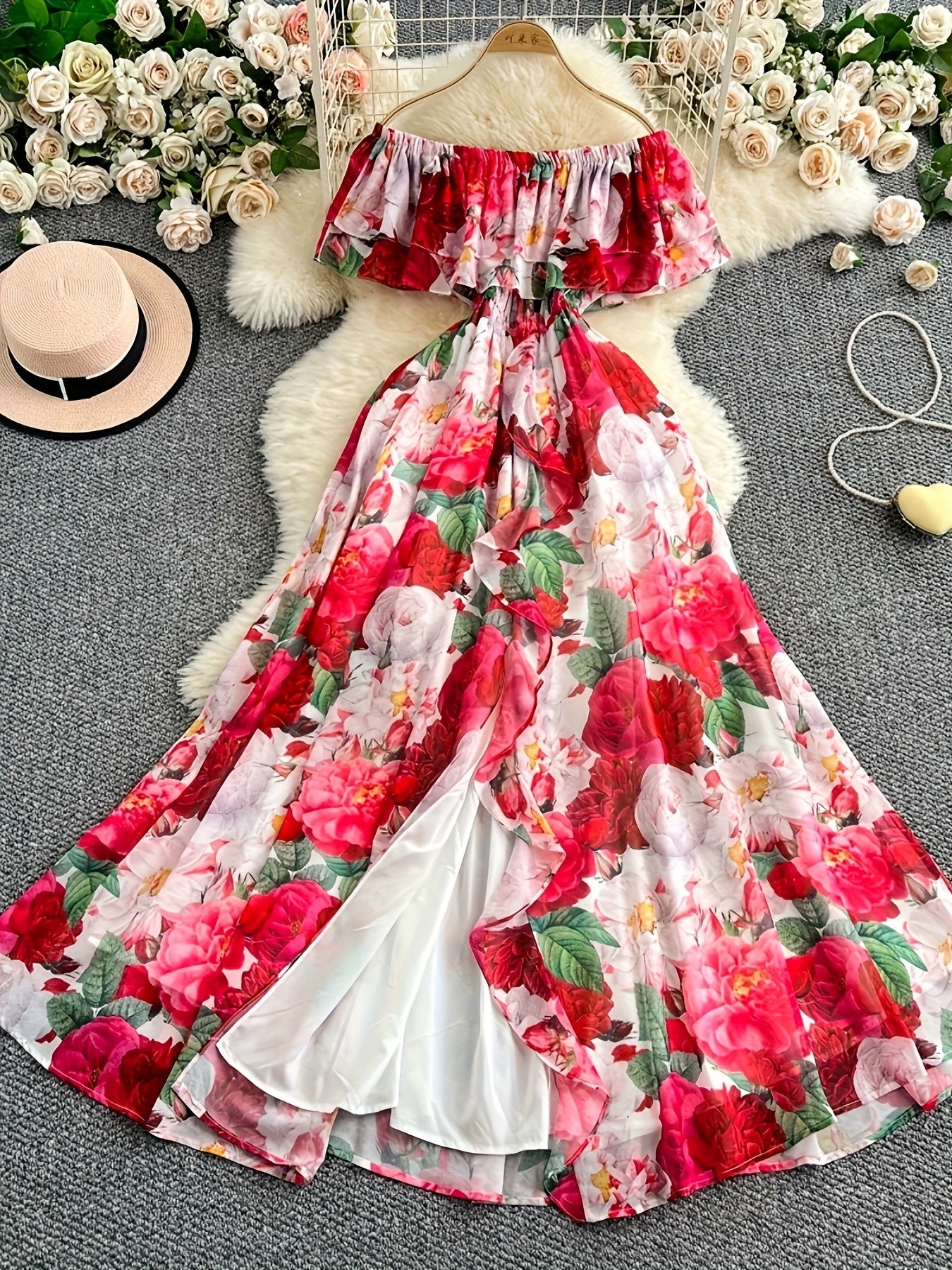 Women's Elegant Off-Shoulder Floral Print A-Line Dress - Lightweight 100% Polyester Summer Dress with Ruffled Sleeves & Hem, Machine Washable for Casual Outings, Dates, Garden Parties SS69