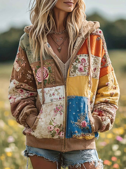 Plus Size, Women's Plus Size Vintage Bohemian Floral & plant print Hooded Jacket/Sweatshirt - Elegant Loose Fit Oversized Coat with Full-Length Zipper, H-Line Silhouette for Fall Winter Spring, Machine Washable for easy care