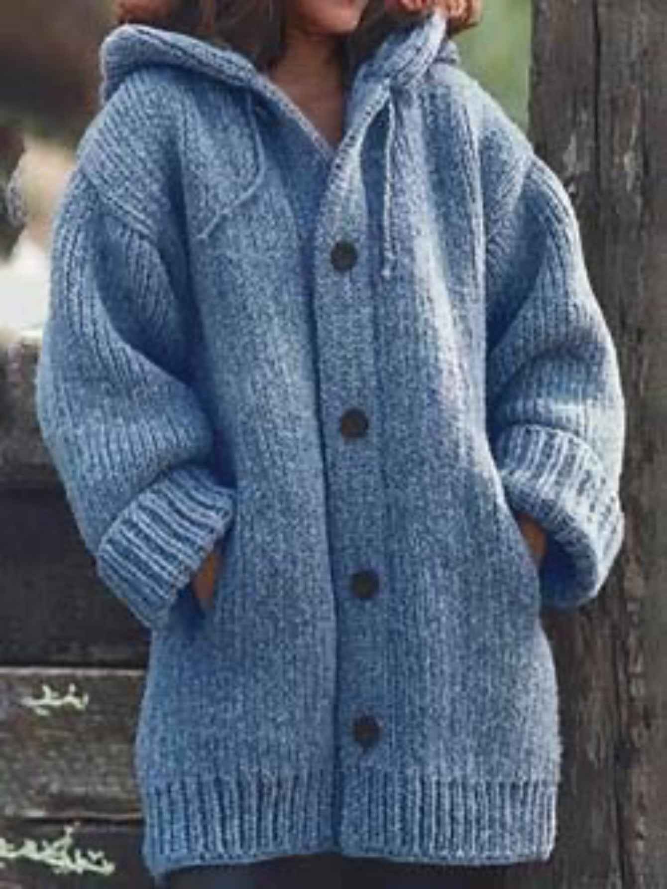 Plus Size, Plus Size Elegant Hooded Cardigan Jacket - 100% Winter Sweater Coat with Front Button Closure, Hooded Long Sweater Jacket Suitable for Fall/Winter, Brown/Navy/Red - Casual & Formal Wear, Machine Washable Cozy Outer