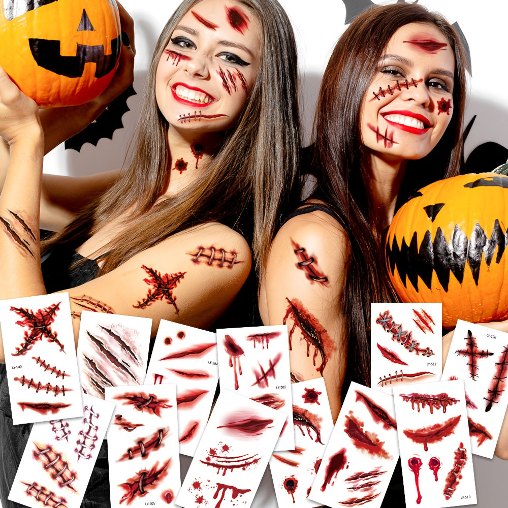 12 Sheets Halloween 3D Fake & Bloody Wound Temporary Tattoos for Adults - Realistic Horror Face & Body Paint with Lip, Jaw, Neck, Back, Leg Designs - Safe Non-Permanent Tattoo Makeup for Zombie Cosplay, Costume Parties & Pran SS69