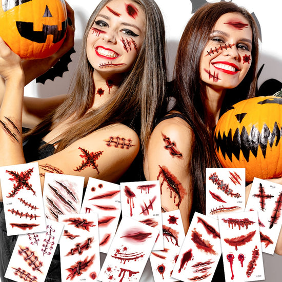 12 Sheets Halloween 3D Fake & Bloody Wound Temporary Tattoos for Adults - Realistic Horror Face & Body Paint with Lip, Jaw, Neck, Back, Leg Designs - Safe Non-Permanent Tattoo Makeup for Zombie Cosplay, Costume Parties & Pran SS69