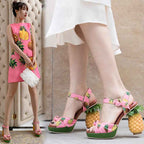 Women's Pineapple Print Platform Sandals - Thick Sole Super High Heels with Ankle Strap Closure, Open-Toe Summer Party Shoes in Pink & Green, Durable Fabric Upper & Rubber Sole for Dressy Occasions, Beachwear, Themed Events -