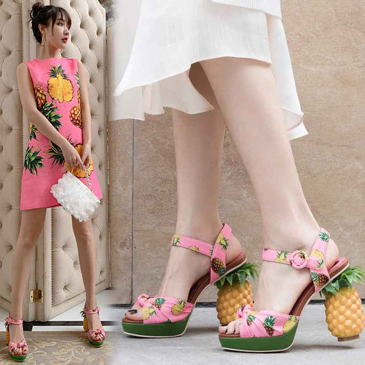 Women's Pineapple Print Platform Sandals - Thick Sole Super High Heels with Ankle Strap Closure, Open-Toe Summer Party Shoes in Pink & Green, Durable Fabric Upper & Rubber Sole for Dressy Occasions, Beachwear, Themed Events -