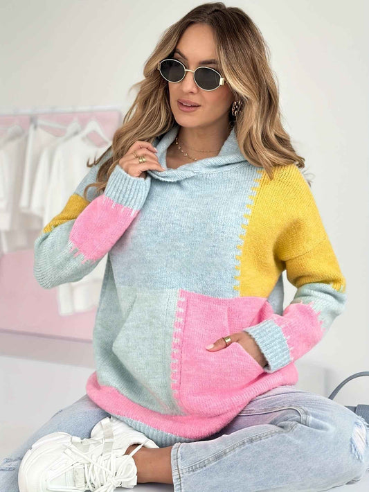 Plus Size Women's Elegant Hooded Sweater • Pastel Pink & Yellow Colorblock Long Sleeve Pullover • Cozy Front Pocket Fall/Winter Sweater • Everyday & Formal Outfits • Cute Casual Winter Wear • Durable Colorblock Desi