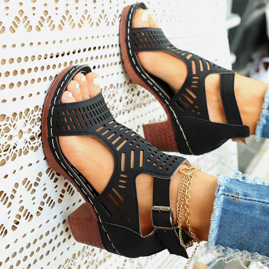 Women'S Summer Open-Toe Heel Sandals- Black Perforated Hollow Design, Ankle Strap And Zipper Closure, Stylish Breathable Casual Outdoor Shoes, Large-Size High-Heeled Sandals, Size US6-US11