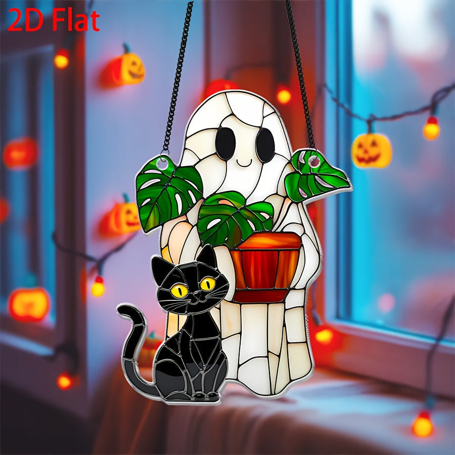 2D Flat, 2D Flat Cute Ghost Plant And Black Cat ACRYLIC Suncatcher, Ghost Monstra Window Hanging, Hangings Plant Lover Gift, Black Cat Lover, Mom Gift, Halloween Decor Acrylic Ornament Art Christmas Ornament, Car Interiors, 2 SS69 9.69 1pc
