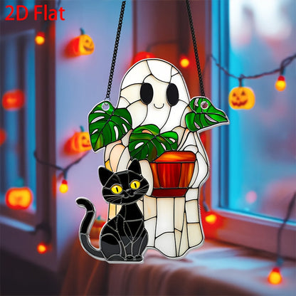 2D Flat, 2D Flat Cute Ghost Plant And Black Cat ACRYLIC Suncatcher, Ghost Monstra Window Hanging, Hangings Plant Lover Gift, Black Cat Lover, Mom Gift, Halloween Decor Acrylic Ornament Art Christmas Ornament, Car Interiors, 2 SS69 9.69 1pc