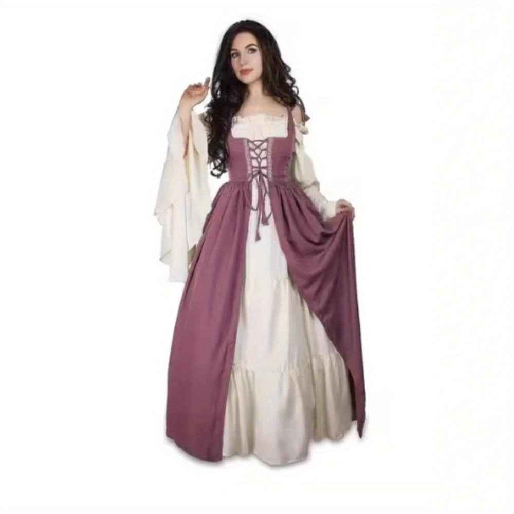 [Elegant Medieval Costume] Elegant Women's Medieval Two-Piece Costume - Renaissance Drama Outfit with Corset-like Bodice & Long Flowing Skirt | Halloween, Renaissance Faire, Themed Parties | Burgundy/White, Black/White, Green