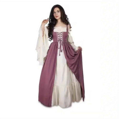 [Elegant Medieval Costume] Elegant Women's Medieval Two-Piece Costume - Renaissance Drama Outfit with Corset-like Bodice & Long Flowing Skirt | Halloween, Renaissance Faire, Themed Parties | Burgundy/White, Black/White, Green