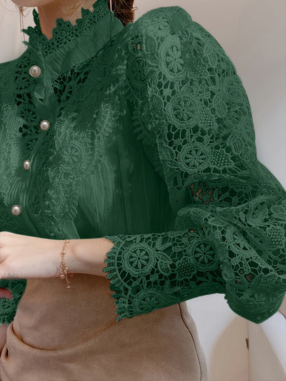 [Pearl Button Blouse] Pearl Button Elegant Victorian-Inspired Lace Blouse - Long Sleeve Mock Neck Green Polyester Pleated Design for Women, Perfect for Halloween Cosplay & Gothic Fashion SS69