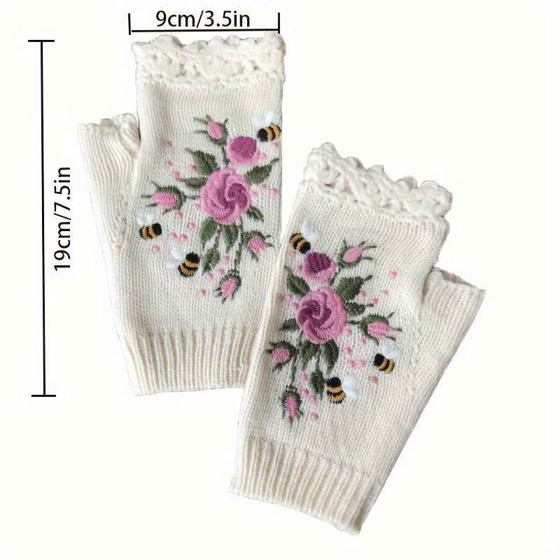 Short Fingerless Elastic Flower Bee Embroidered Knit Gloves Autumn Winter Coldproof Warm Gloves