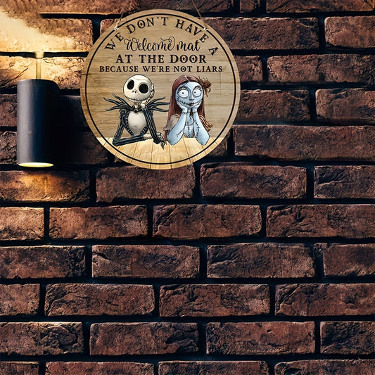 1pc Disney The Nightmare Before Christmas Jack & Sally Metal Sign - 8-Inch Round Rustic Welcome Door Decor with "We Don't Have a Mat" Humorous Quote, Weather-Resistant Indoor/Outdoor Wall Art for Halloween, Christmas, Thanksg SS69