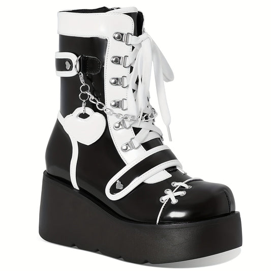 [Goth Rave High Heel Boots] Goth Rave High Heel Round Toe Zipper Wedges Mid Calf Booties - Platform Ankle Boots For Women - Kawaii Shoes SS69