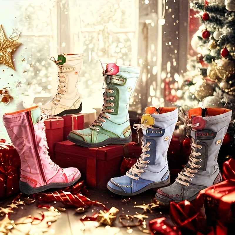 TMA EYES Women'S Winter Snow Boots, Vintage Casual Fashion with Hand-Stitched Detail, Lace-Up & Side Zipper, Warm Fleece-Lined, Thickened Outdoor Boots, Plain Toe, Split Cow Leather & Microfiber Upper, Pig Split Leather Inner