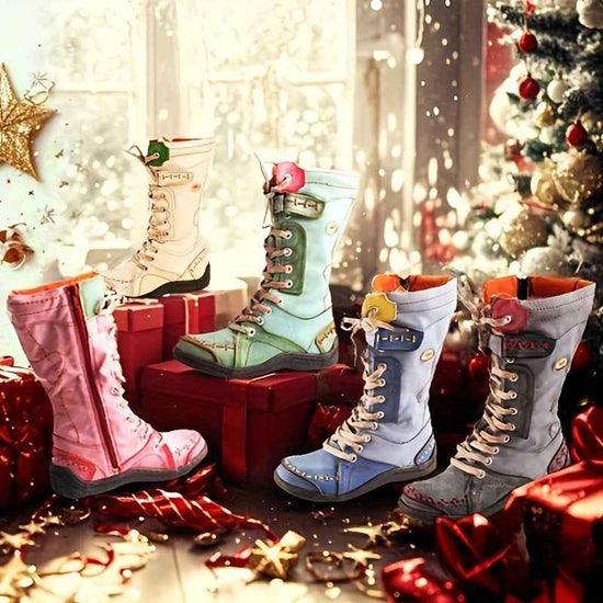 TMA EYES Women'S Winter Snow Boots, Vintage Casual Fashion with Hand-Stitched Detail, Lace-Up & Side Zipper, Warm Fleece-Lined, Thickened Outdoor Boots, Plain Toe, Split Cow Leather & Microfiber Upper, Pig Split Leather Inner