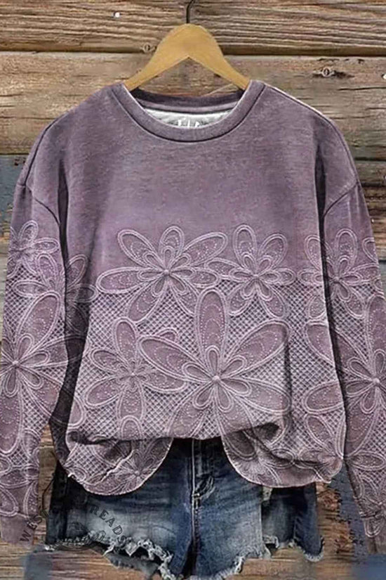 Plus Size - Plus Size, Plus Size Women'S Elegant Floral Print Sweatshirt - Long Sleeve Round Neck Sweater, Cozy Winter Casual Shirt for Office and Party Wear, Warm Fall/ Autumn-Friendly Clothing (Machine Washable)