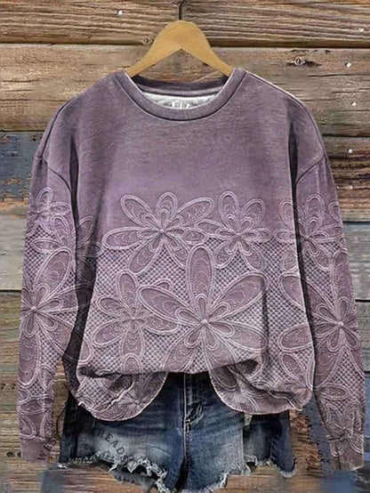 Plus Size - Plus Size, Plus Size Women'S Elegant Floral Print Sweatshirt - Long Sleeve Round Neck Sweater, Cozy Winter Casual Shirt for Office and Party Wear, Warm Fall/ Autumn-Friendly Clothing (Machine Washable)