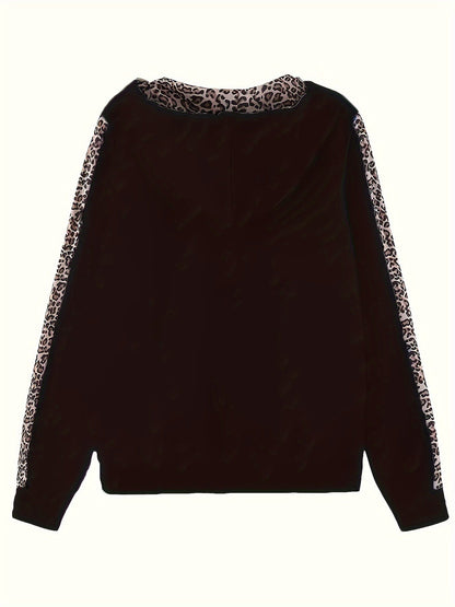 Two-piece Set, Long Sleeve Leopard Print Zip Up Hoodie & Drawstring Pants Outfits, Women's Casual Clothing SS69