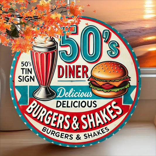 1 Vintage 50'S Diner Metal Sign - Classic Burger & Shake Design, Ideal for Retro Restaurants or Nostalgic Home Kitchen Walls, Durable Iron, 8x8 Inches, Food Wall Art, Perfect for Room Decor SS69