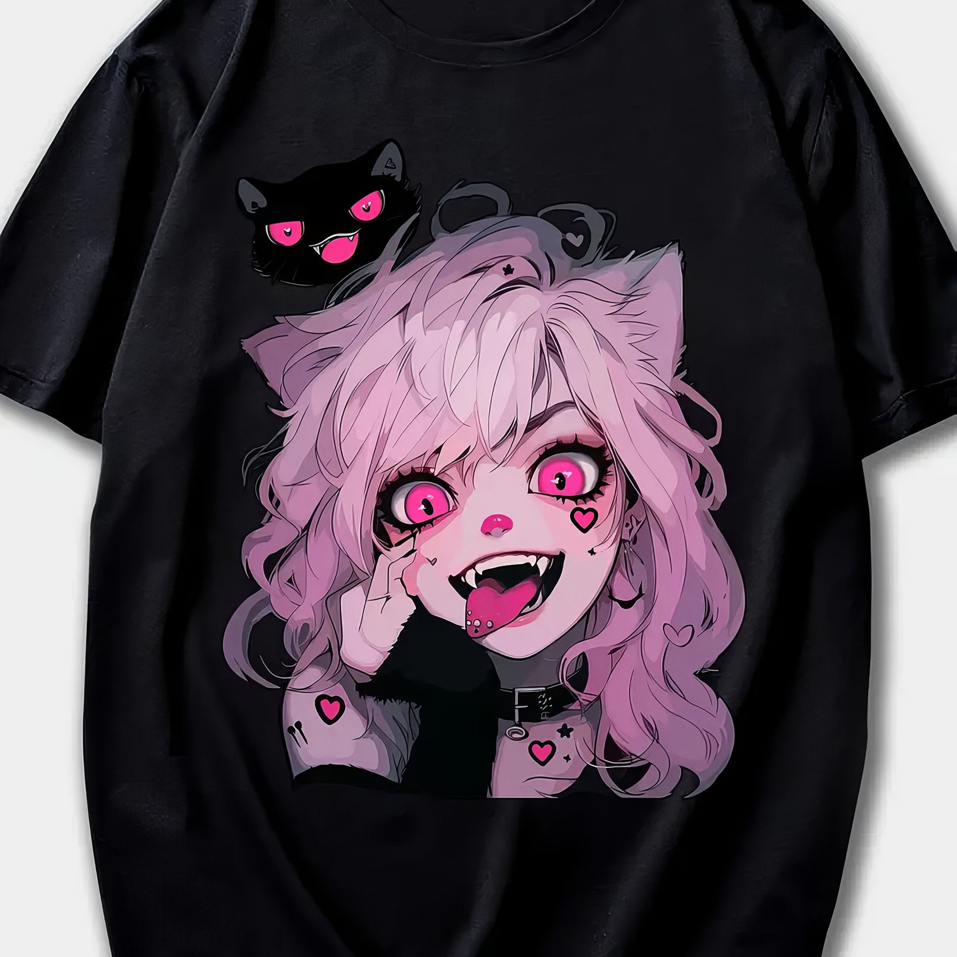 Women's Anime Cat Girl Graphic T-Shirt - Black Polyester, Short Sleeve Crew Neck, Casual Summer & Spring Top, Machine Washable SS69 12.69 Black / XXL