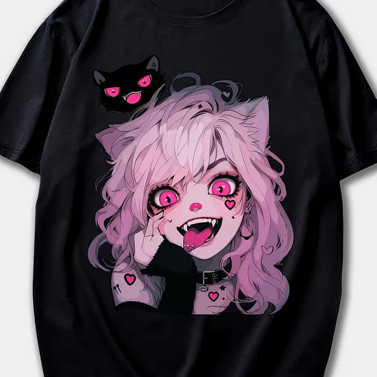 Women's Anime Cat Girl Graphic T-Shirt - Black Polyester, Short Sleeve Crew Neck, Casual Summer & Spring Top, Machine Washable SS69 12.69 Black / XXL
