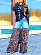 Women's High Waist Pocket Jeans - Retro Print Loose Casual Flared Trousers