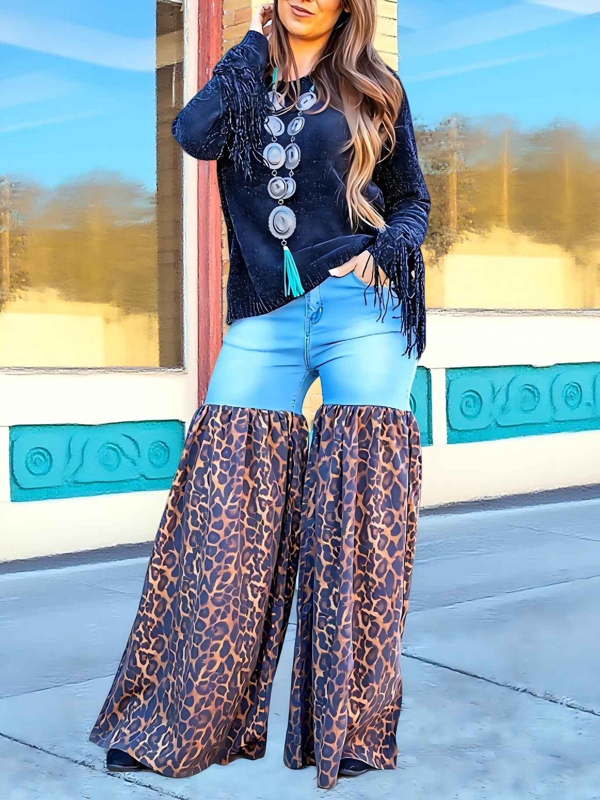 Women's High Waist Pocket Jeans - Retro Print Loose Casual Flared Trousers