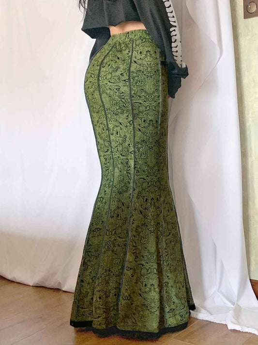 Graphic Print Lace Trim Mermaid Skirt, Elegant Slim Bodycon Skirt For Spring & Fall, Women's Clothing