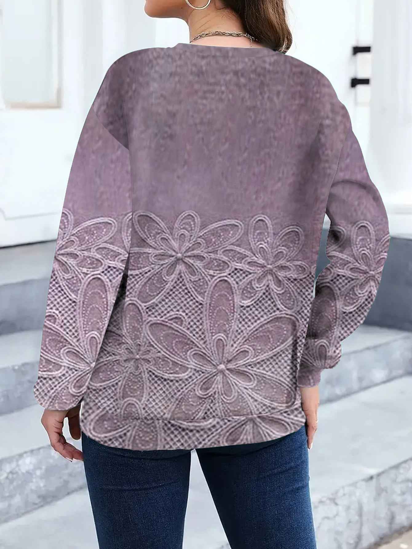 Plus Size - Plus Size, Plus Size Women'S Elegant Floral Print Sweatshirt - Long Sleeve Round Neck Sweater, Cozy Winter Casual Shirt for Office and Party Wear, Warm Fall/ Autumn-Friendly Clothing (Machine Washable)
