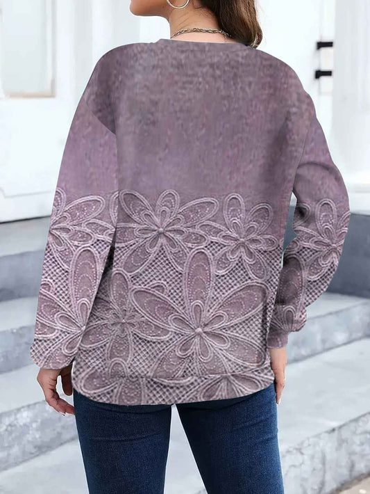 Plus Size - Plus Size, Plus Size Women'S Elegant Floral Print Sweatshirt - Long Sleeve Round Neck Sweater, Cozy Winter Casual Shirt for Office and Party Wear, Warm Fall/ Autumn-Friendly Clothing (Machine Washable)