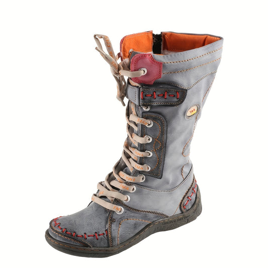 [Vintage Winter Boots] TMA EYE Vintage Winter Non-Slip Leather Boots, Powder-Coated Color-Blocking Fleece Mid-Calf Long Boots, Flat Thick-Soled Hiking Boots SS69