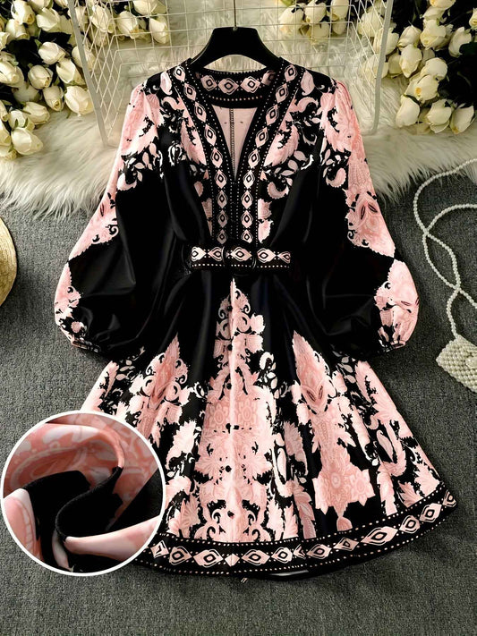 [Bohemian V-Neck Dress] Sleeveless Geometric Print Women's Bohemian V-Neck Mini Dress with Belt | Flared Bodice with Buttons, Pleated A-Line Skirt, Perfect for Spring & Summer Vacations, Casual Resort Wear