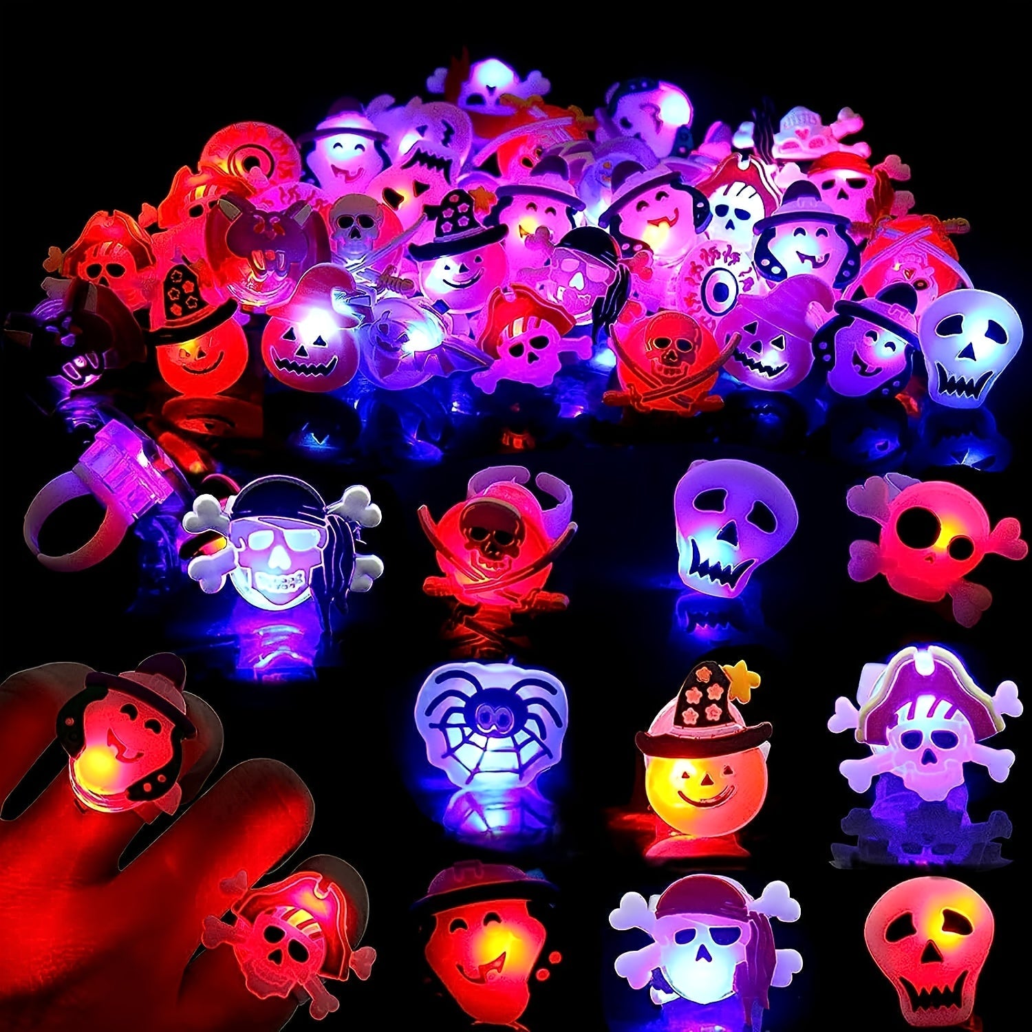 10/20/50pcs Ghost Fashion Halloween Glowing Ring, Pumpkin Skull Spider Web Bat Design, Horror Prop Supplies, Halloween Decoration, Festival Ring Design, Gift, Ring Packs. SS69