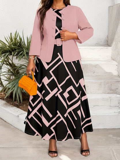 [Elegant Two-Piece Set] Elegant Plus-Size Women's Solid Color Jacket & Printed Vest Skirt Two-Piece Set