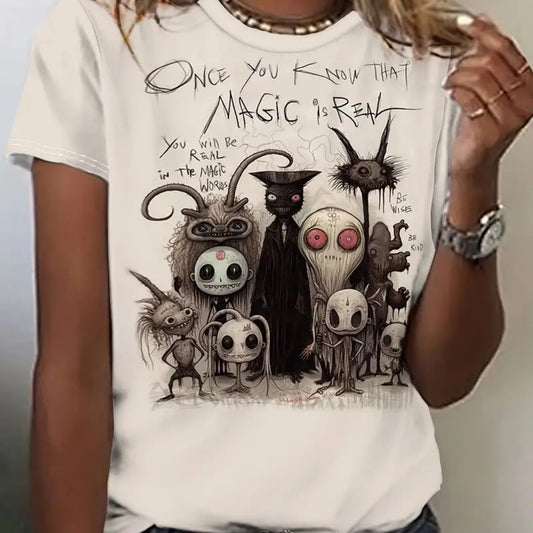 Women'S White Anime Gothic T-Shirt - Cute Kawaii Anime Characters & "Magic Reality" Print with Japanese Text, Soft Breathable Round Neck Short Sleeve Casual Summer Top for Daily Wear & Themed Parties, Comfortable Material, Re SS69 11.69 White / XXL