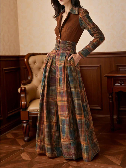 Women's Brown Plaid Patchwork Button-Front Jumpsuit - High-Waisted Wide-Leg Elegant Bohemian Romper for Vintage Parties, Art Exhibits & Fall/Winter Events | Hand Washable Non- Outfit