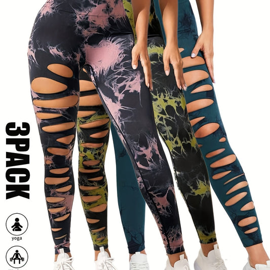 3 Pack High Waist Tie Dye Cutout Yoga Leggings - Scrunch Butt Lifting, Tummy Control, Elastic Workout Pants for Women SS69 42.69 3 Pack-BPN-LGN-DGN / L