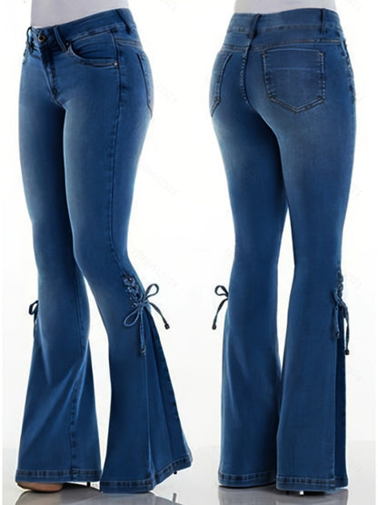 Women'S 100% High-Stretch Mid-Rise Slim Flared Jeans with Tie-Front Detail - SS69 