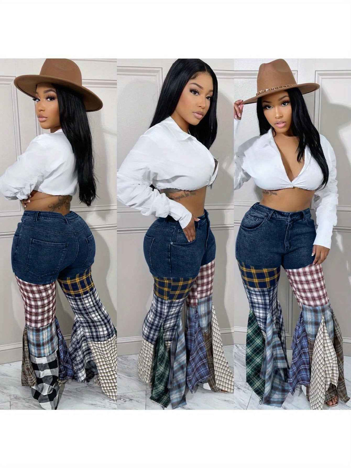 Denim Trousers for Women with a Houndstooth Pattern, Featuring Flared Legs And Ruffles.