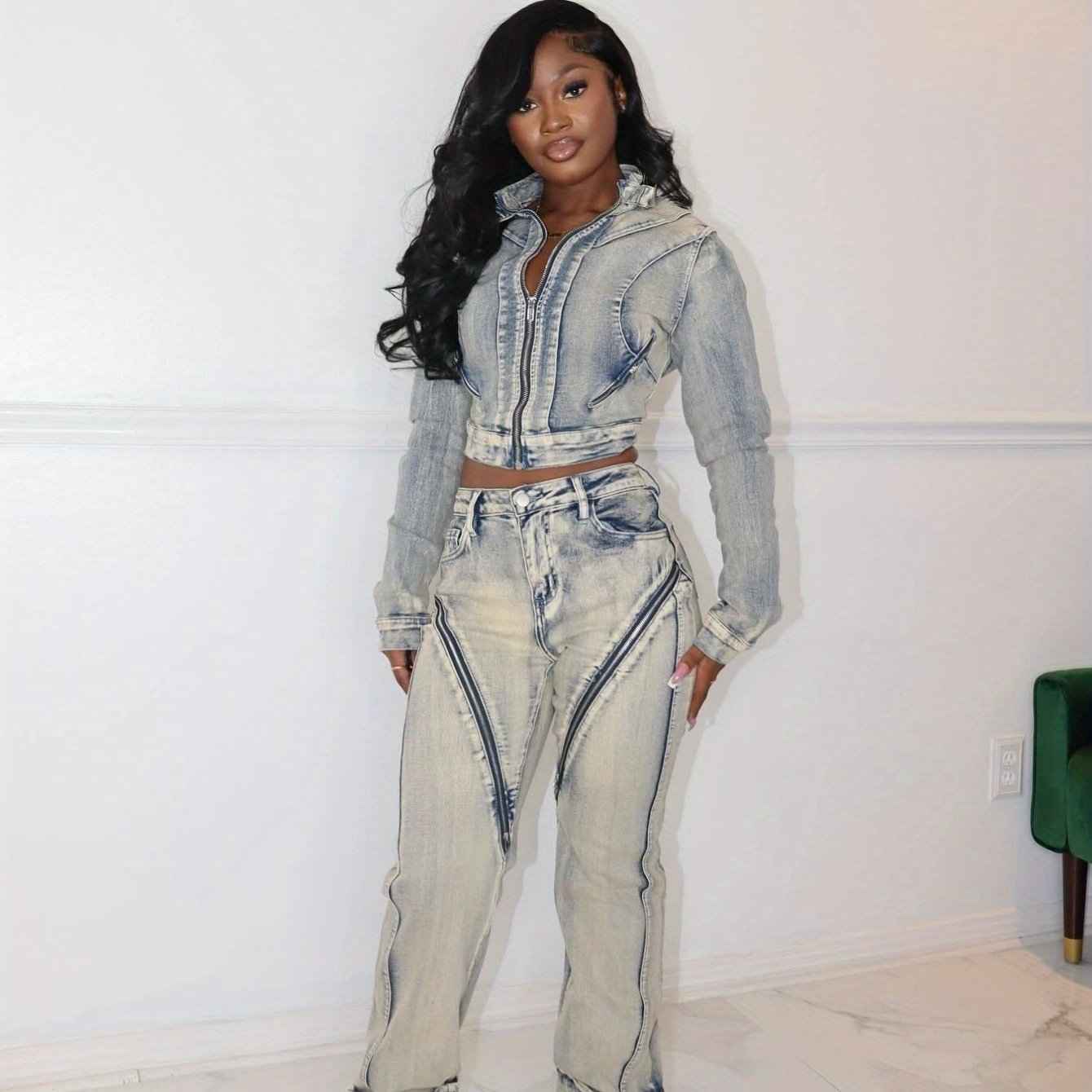 High-Waisted Wide-Leg Bell-Bottom Jeans - -Washed Vintage Blue Pants with Zipper Closure, Beltless Design & Relaxed Fit (No Belt Included) | Hand Washable Casual to Semi-Formal Wear, Spring/Fall Outfits ( West Style