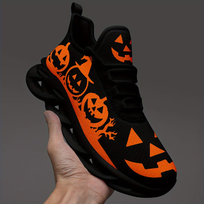 Women's Halloween Sneakers - Orange Pumpkin Jack-o'-Lanterns, Lace-Up Trick Treat Shoes, Plus Size Available - All-Season Casual Shoes for Halloween Parties, Casual Attire & Costume Outfits - Lightweight EVA Sole for Fall Fes SS69