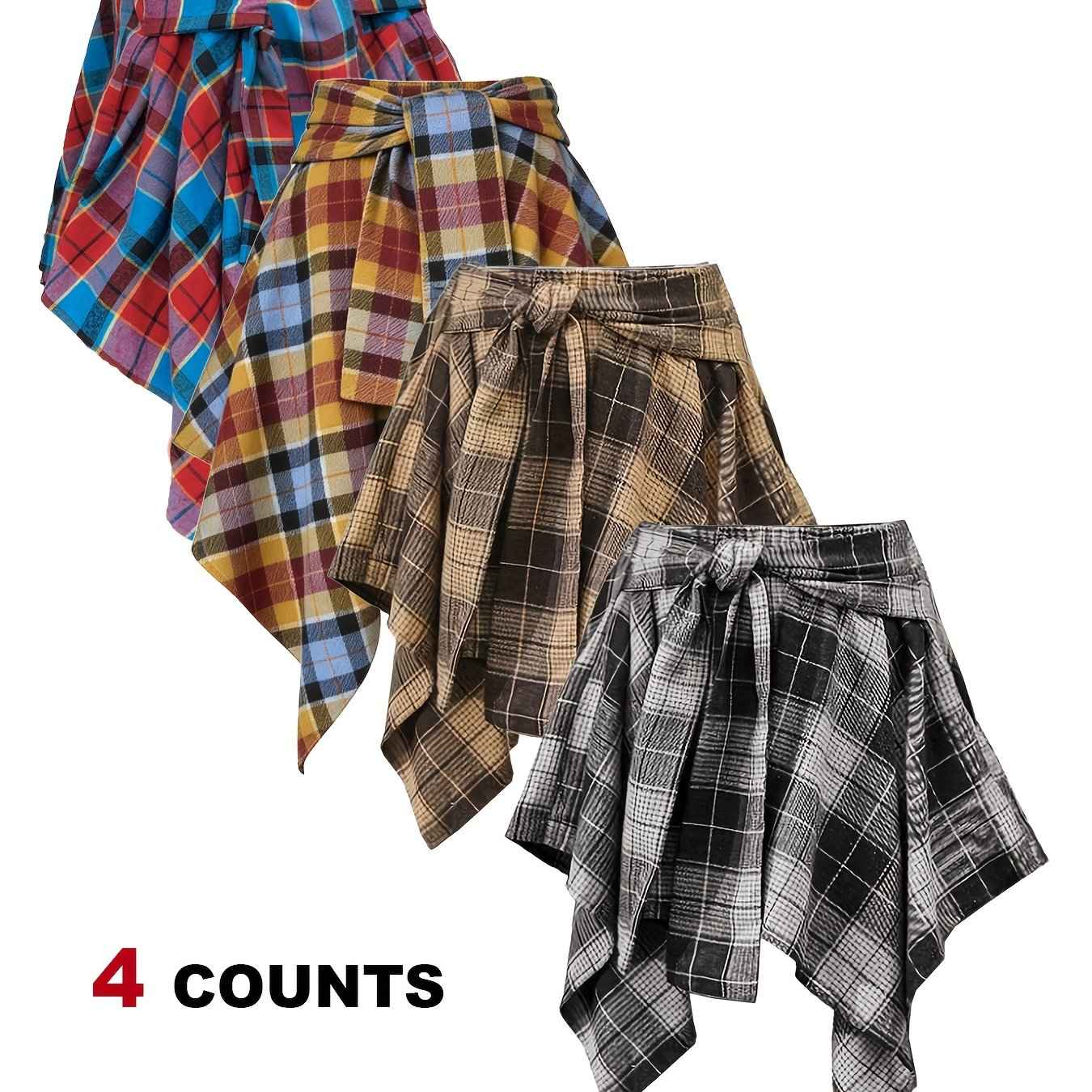 Plus Size - Plus Size - 4-Pack Plus Size Pleated Plaid Skirt | Women High Waist A-Line Elastic Waist Midi Skirt Casual Vintage Checkered Skirt With Slight Stretch Fabric