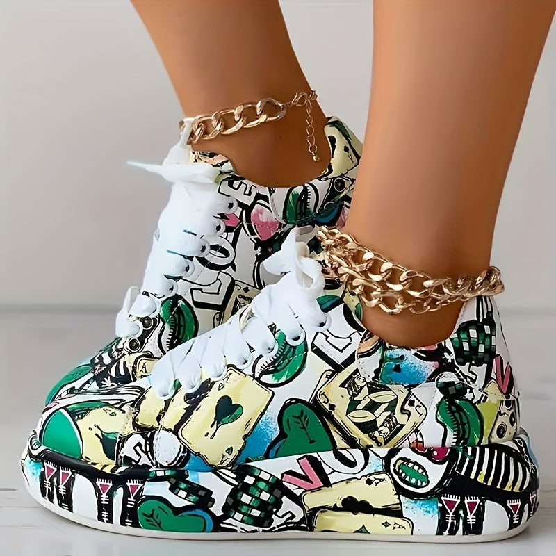 Women's Graffiti Print Low-Top Sneakers - Fashionable Lace-Up Casual Skate Shoes with Playing Card, Dice & Coin Designs on White Base, Black & Red Accents, Comfortable PU Cover Upper & Rubber Sole for All-Day Wear, Themed Cas SS69