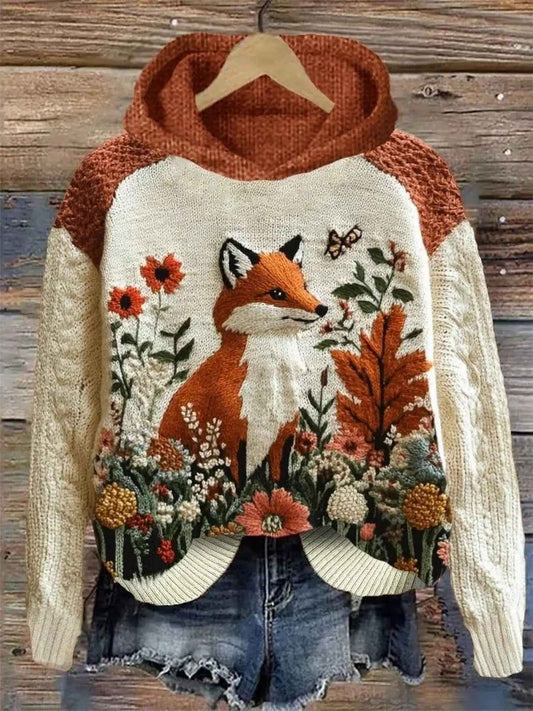 Women'S Vintage Bohemian Forest Fox & Floral Embroidered Sweater - Soft Hooded Pullover with Fox & Foliage Design, All-Season Casual & Formal Wear, Machine Washable, Brown/Orange/Green Color Options, Cozy Loose Fit Sweater fo
