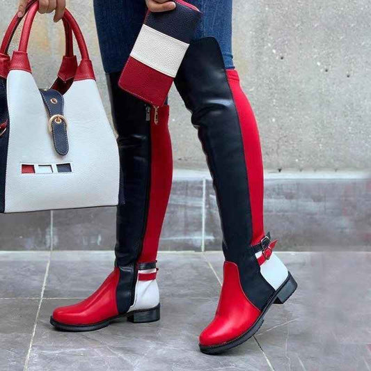 Women's Low Block Heel Boots with Side-Zip Closure & Color-Block Round Toe - Chunky Heel,  Upper, Rubber Sole - All-Black/Black-to-Ankle-Colored for Jeans/Pants - Versatile for Streetwear, Parties, - Easy On/Off Styles
