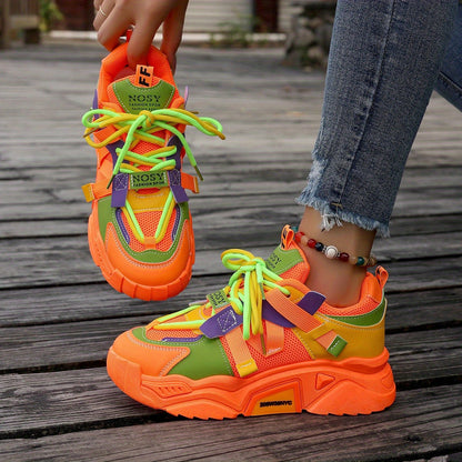 Fashionable Round-Toe Lace-Up Chunky Dad Shoes, Versatile Casual Women'S Footwear, Slip-Resistant Color-Blocked Running Shoes. SS69