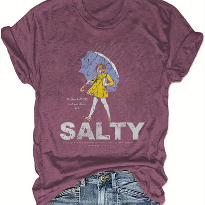 Salty with Umbrella Graphic Tee - Vintage Style Summer Beachwear for Trendy Women, Perfect for Vacation and Everyday Wear, ed T-shirt SS69 13.69 crimson / XXL