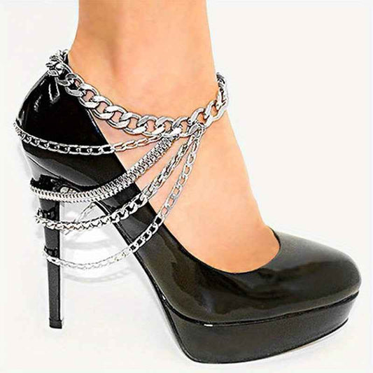 Gothic Punk Platform High Heels with Multi-Layer Chain Tassel Ankle Strap - Black & Chunky Heels, Year-Round Wearable Statement for Parties, Valentine's Day, Everyday (Durable Chain Foot Accessories)
